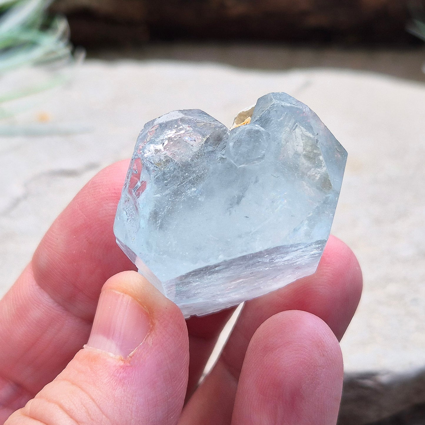 Aquamarine, A grade from India. Lovely pale aqua blue colouring. Hexagonal gemmy crystal with good colour and clarity. Also has some Mica on the back.

weight - 32 gm, length - 3.2 cm at longest, width - 3.2 cm at widest, depth - 2 cm at thickest