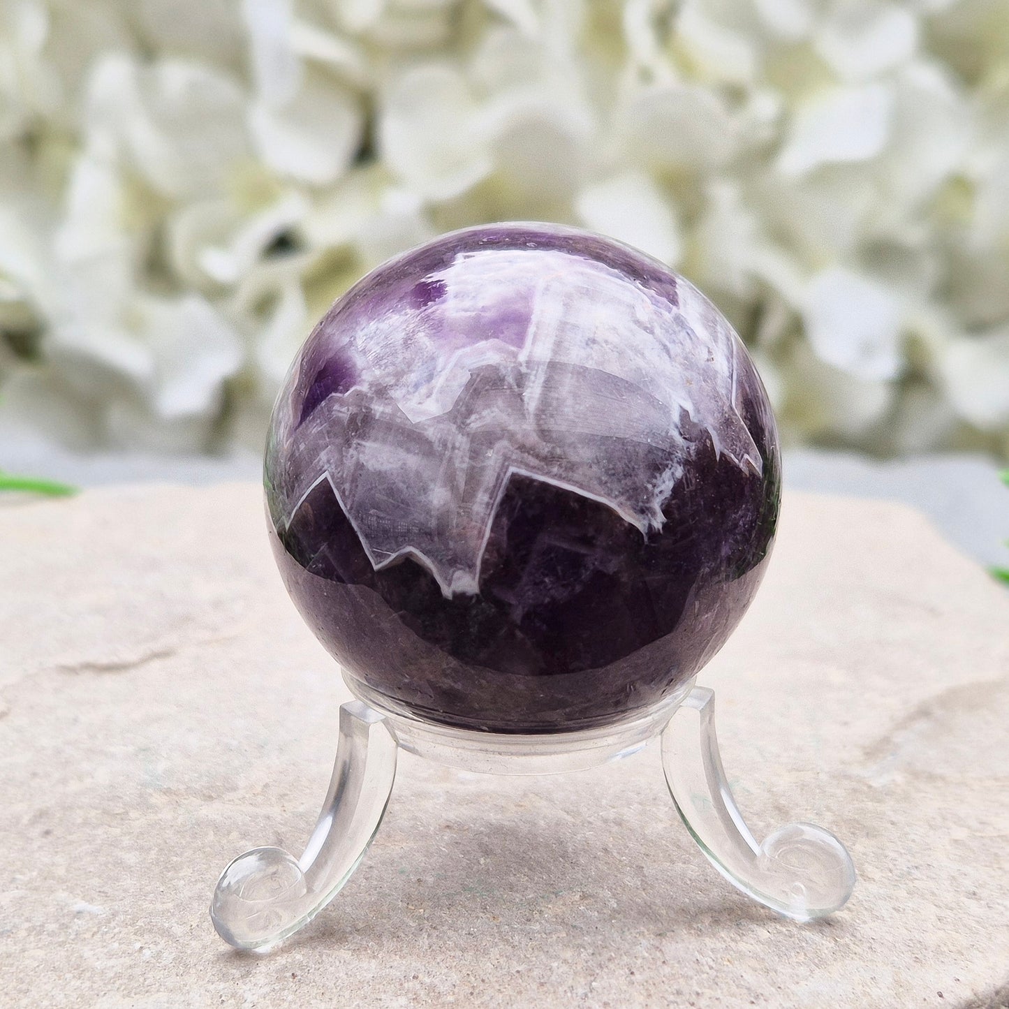 Chevron Amethyst Crystal Sphere, Amethyst with Quartz Crystal Ball, acrylic stand Included