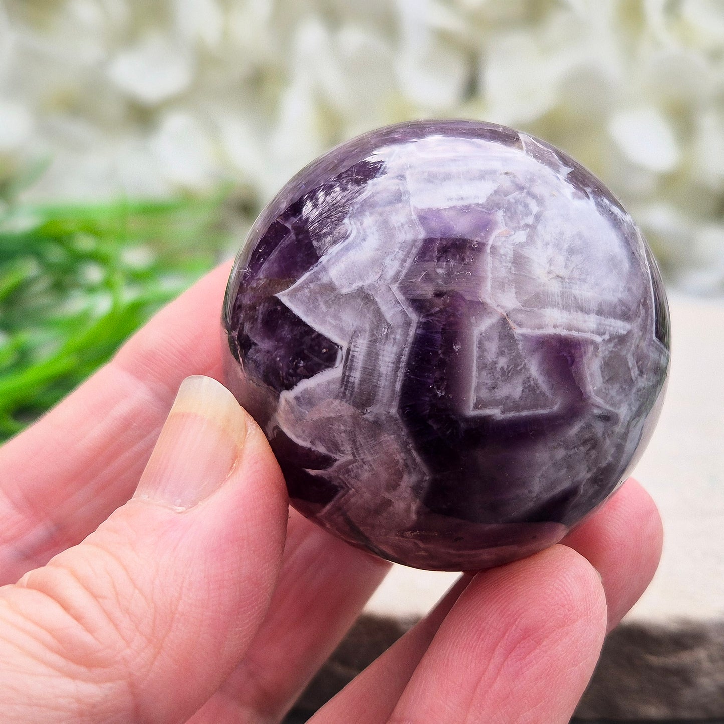 Chevron Amethyst Crystal Sphere, Amethyst with Quartz Crystal Ball, acrylic stand Included