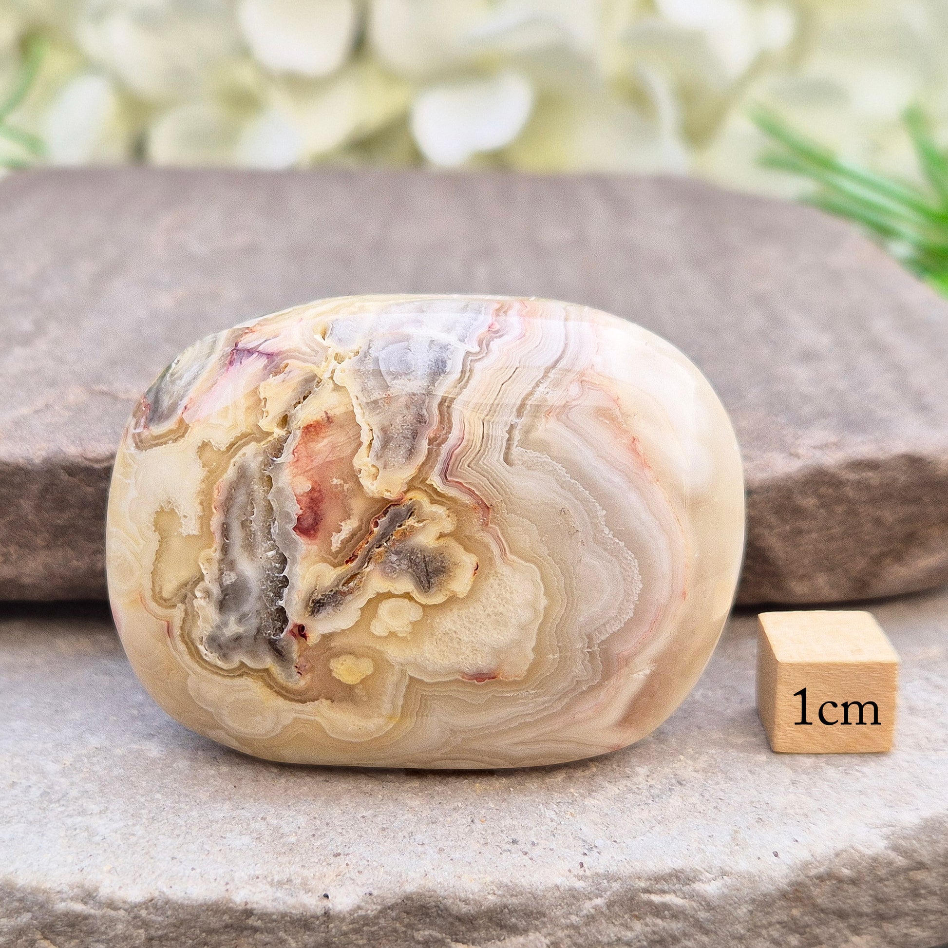 Crazy Lace Agate palm stone—vibrant, swirling patterns for joy, balance & stability. A stone of laughter & positivity. Smooth, soothing & one of a kind.