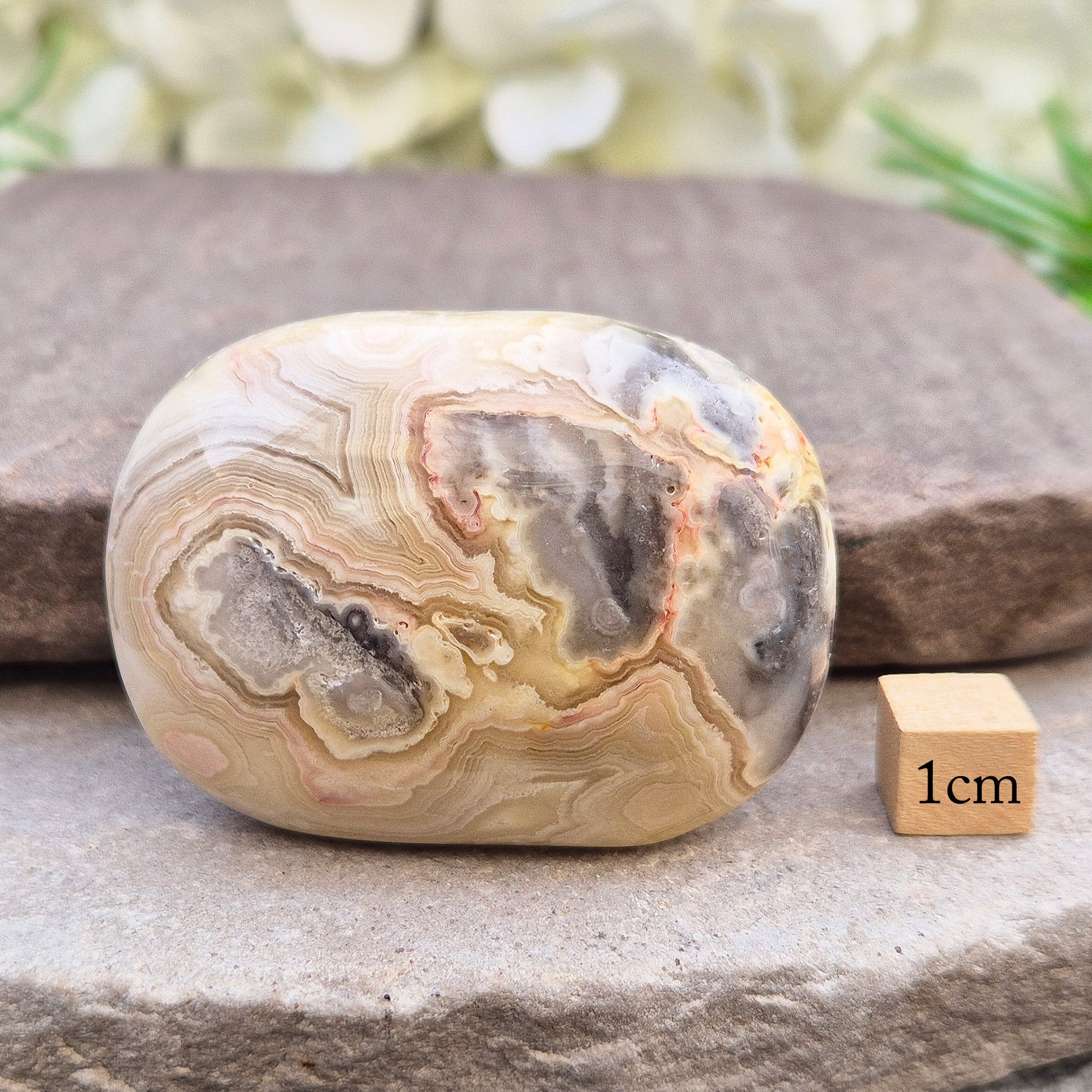 Crazy Lace Agate palm stone—vibrant, swirling patterns for joy, balance & stability. A stone of laughter & positivity. Smooth, soothing & one of a kind.