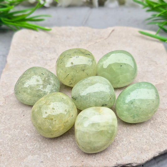 light green Prehnite XL tumblestone from Mali. Soft, calming crystal with gentle energy. Ideal for emotional balance, self-trust, and peaceful spaces.