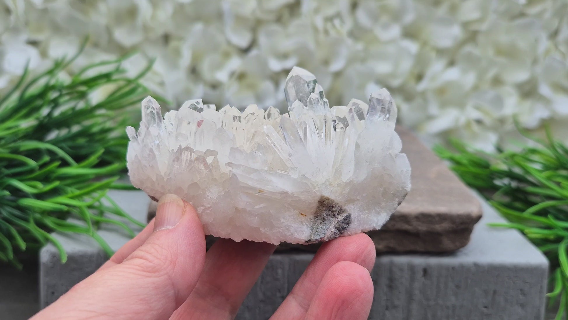 Himalayan Quartz Cluster from India. High-altitude, hand-mined crystal for grounding, focus, energy balance and amplifying other stones.