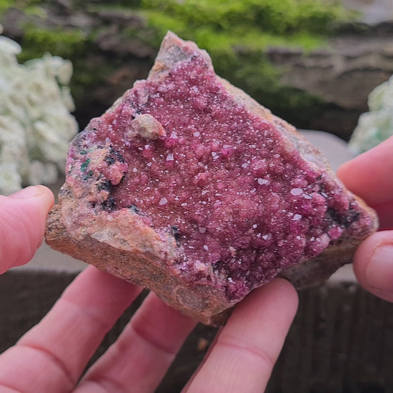 Sparkling Cobalto Calcite from Morocco. A striking pink crystal cluster linked with heart energy, emotional healing, and compassion after difficult times.