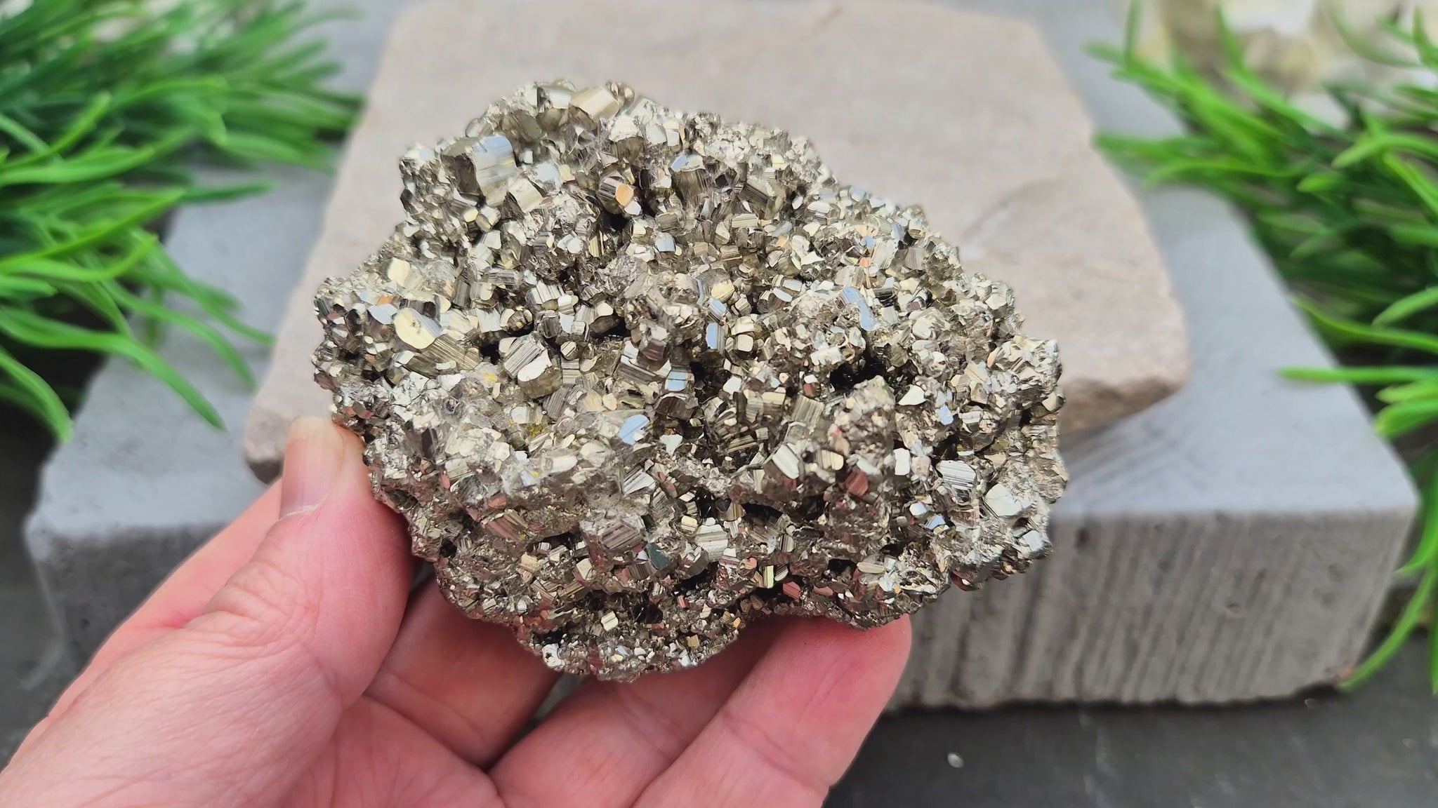 Natural pyrite crystal cluster from Peru featuring defined cubes & rich gold lustre. A striking, light-catching piece for home decor, desks, or crystal lovers.