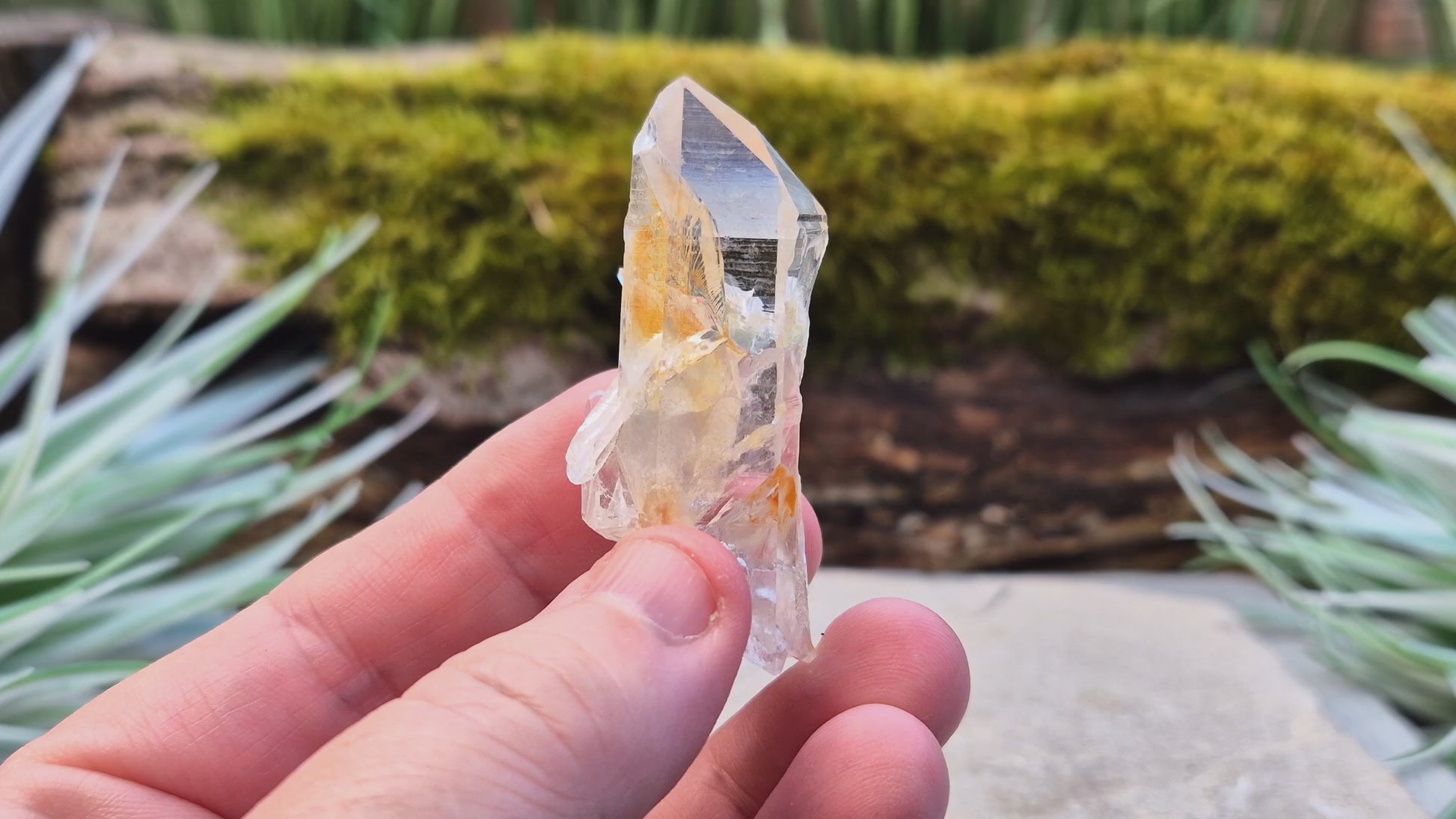 This rare Blade of Light Quartz is a striking Lemurian Quartz from the mountains of Colombia. Known for its exceptional clarity and natural brilliance, this piece features a point that has a few smaller crystals growing out of/into it. 
