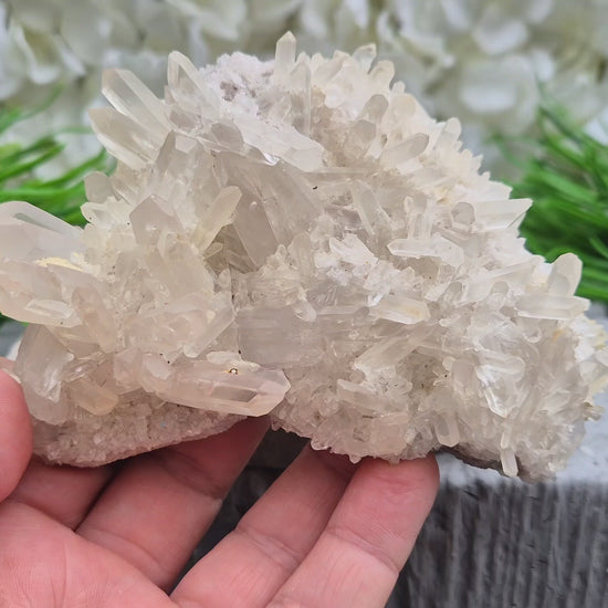 Clear Quartz Cluster – a master healer that amplifies energy, restores balance, and enhances focus, clarity, and spiritual growth.