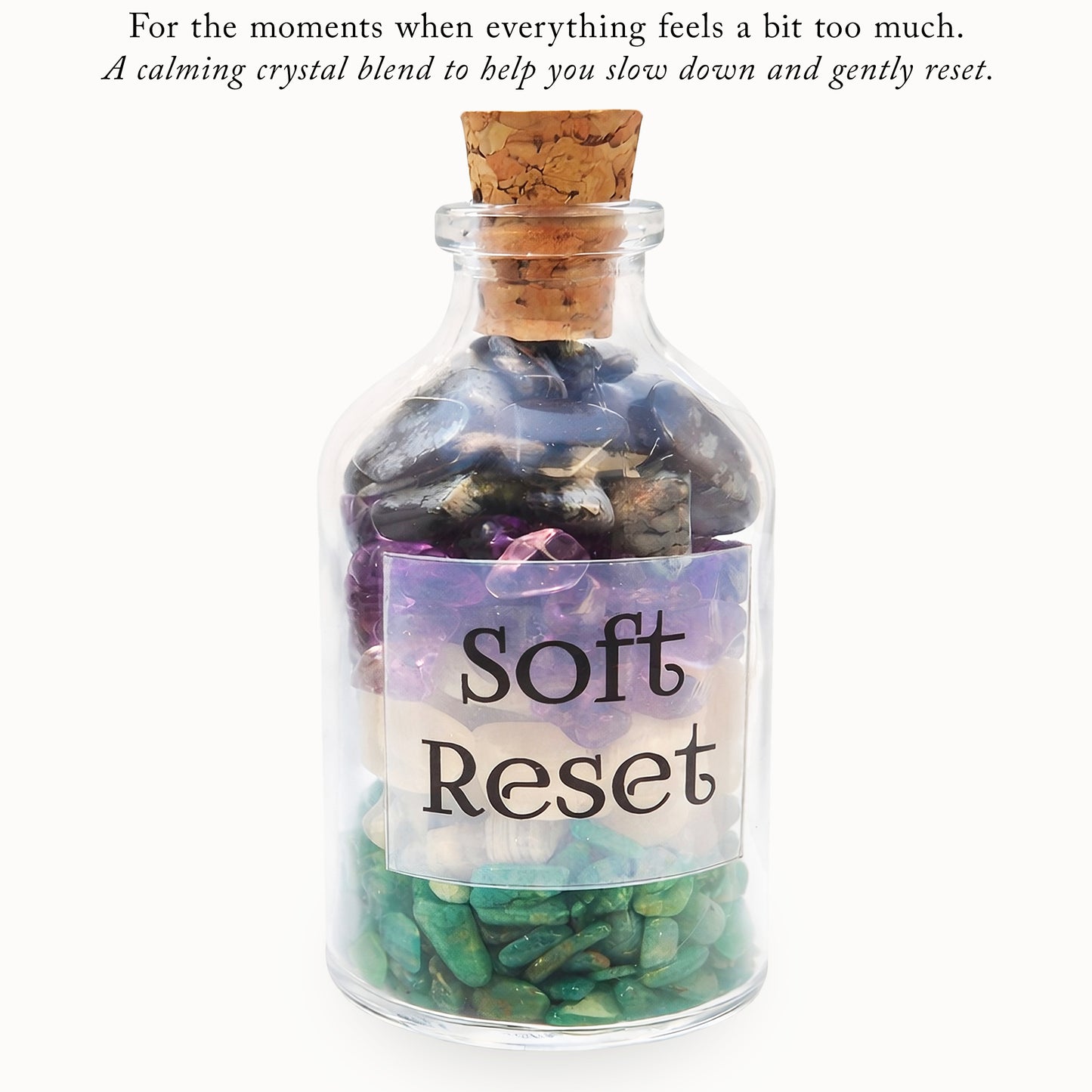 Soft Reset — a calming crystal blend with Amazonite, Amethyst, Snowflake Obsidian and Moonstone. A gentle support gift for stress, overwhelm, and busy minds.