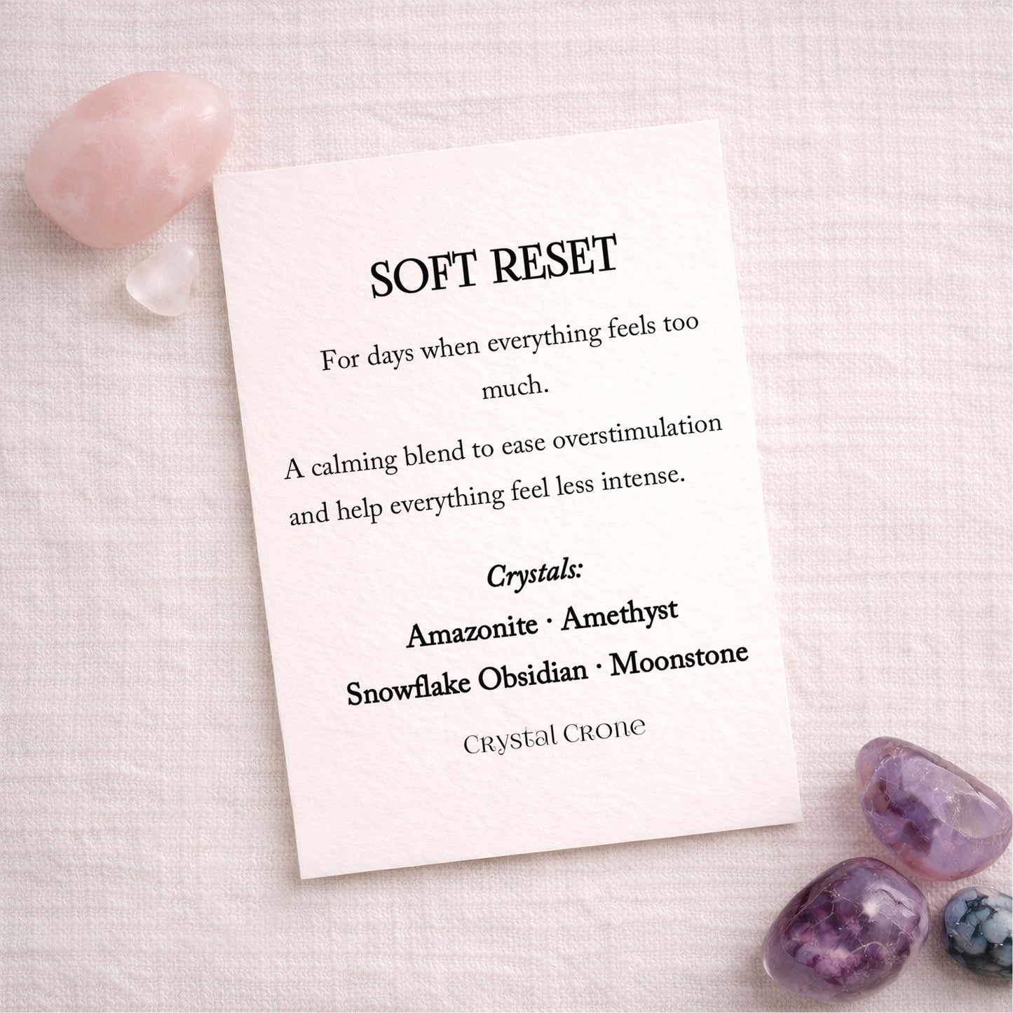 Soft Reset - Calming Crystal Blend (15ml), Amazonite, Amethyst, Snowflake Obsidian, Moonstone Crystals in a bottle