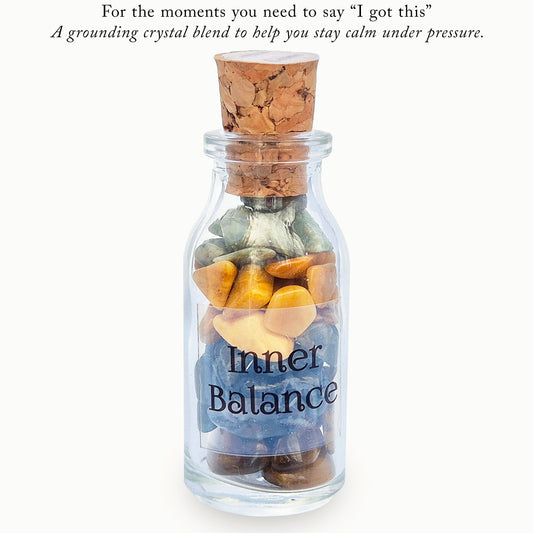 Inner Balance crystal bottle with jade, tiger eye, moss agate and jasper. A grounding decorative blend for calm focus, steady confidence and thoughtful gifting.