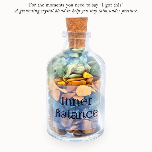 Inner Balance crystal bottle with jade, tiger eye, moss agate and jasper. A grounding decorative blend for calm focus, steady confidence and thoughtful gifting.