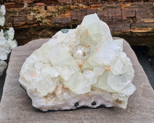 Apophyllite Cluster with Stilbite From India. Really unique Apophyllite cluster with pale green apophyllite crystals with a few pieces of Peachy Stilbite scattered amongst them. The Apophyllite tips are crystal clear.