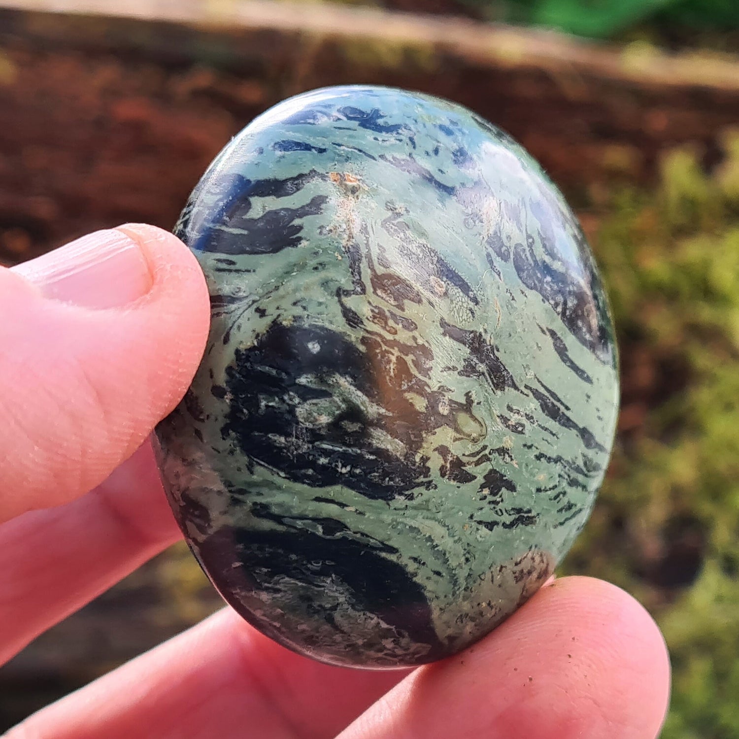 Kambaba Jasper Palm Stone also known as Crocodile Jasper, Green Stromatolite. From Madagascar. Stromatolites are some of the oldest fossils in the world, about 3 billion years old, and they are created by a blue-green algae.