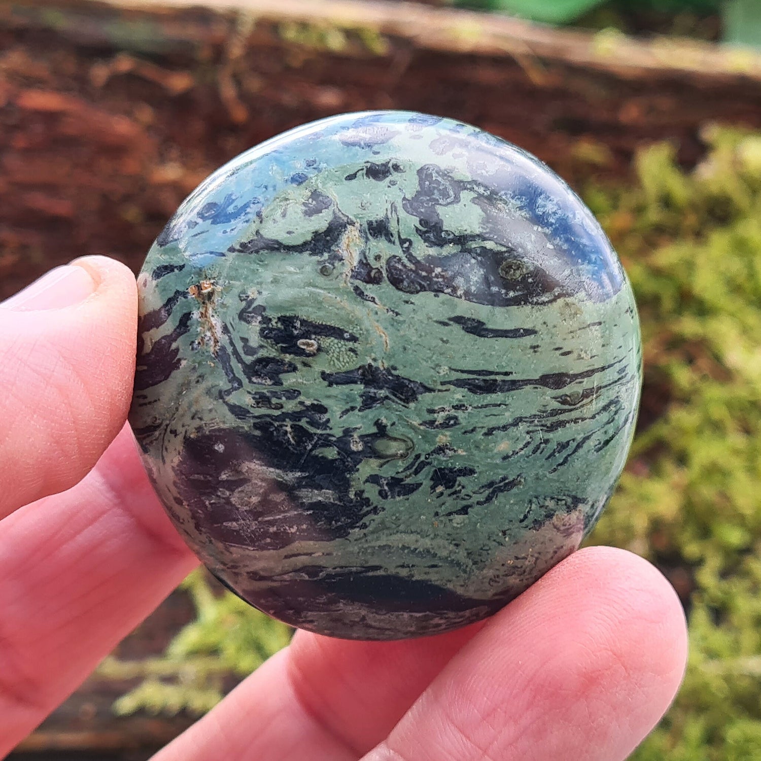 Kambaba Jasper Palm Stone also known as Crocodile Jasper, Green Stromatolite. From Madagascar. Stromatolites are some of the oldest fossils in the world, about 3 billion years old, and they are created by a blue-green algae.