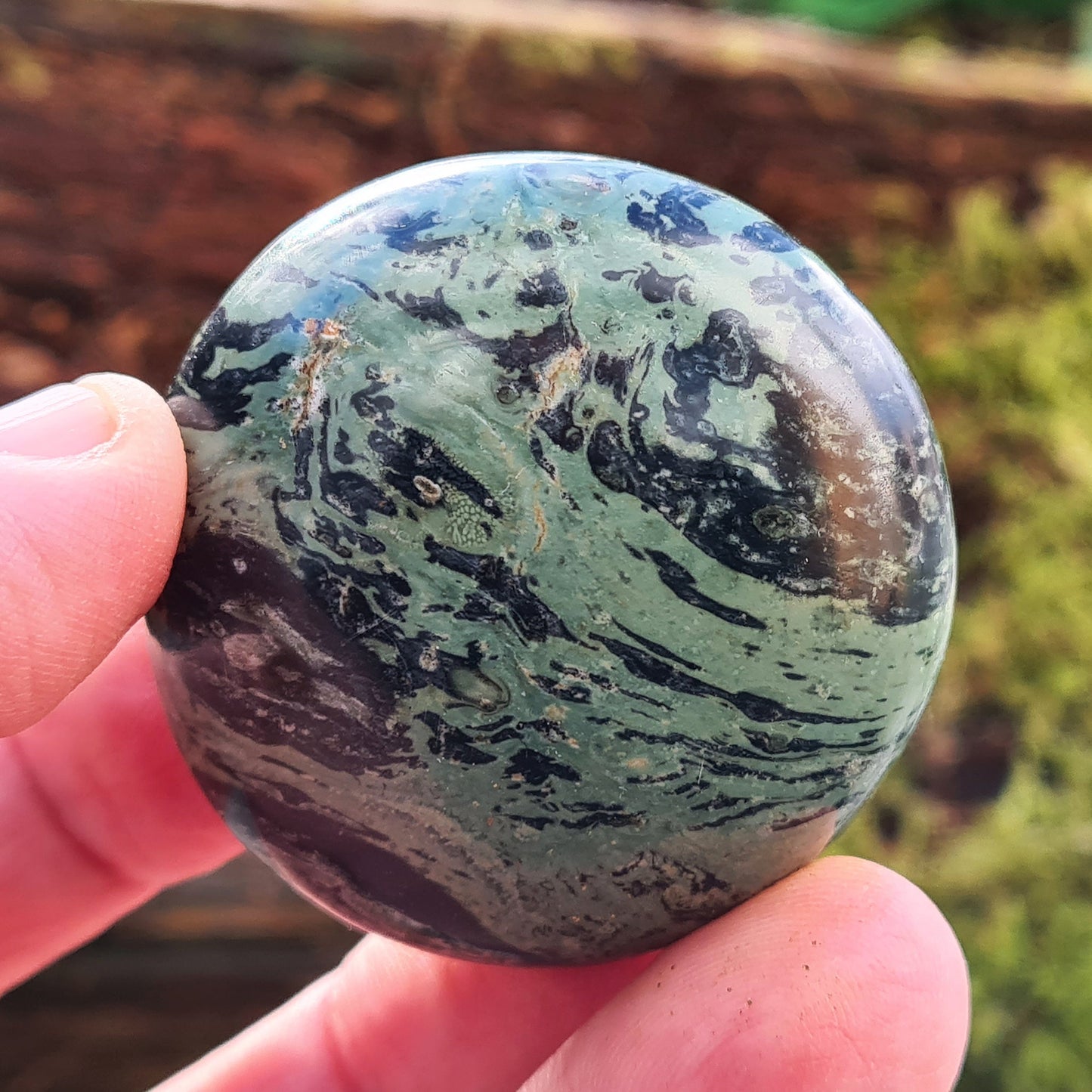 Kambaba Jasper Palm Stone also known as Crocodile Jasper, Green Stromatolite. From Madagascar. Stromatolites are some of the oldest fossils in the world, about 3 billion years old, and they are created by a blue-green algae.