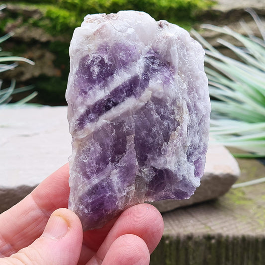 Chevron Amethyst, Natural. Chevron Amethyst is naturally occurring Amethyst and White Quartz in a banded pattern. From Brazil. This piece is a lovely purple and white, one side is natural and the other has been cut flat 